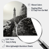 Black White Lighthouse Misty Horizon - Asymmetric Metal Wall Art