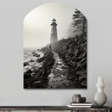 Black White Lighthouse Misty Horizon - Asymmetric Metal Wall Art