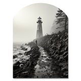 Black White Lighthouse Misty Horizon - Asymmetric Metal Wall Art