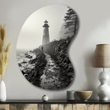 Black White Lighthouse Misty Horizon - Asymmetric Metal Wall Art