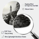 Black White Lighthouse Misty Horizon - Asymmetric Metal Wall Art