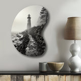 Black White Lighthouse Misty Horizon - Asymmetric Metal Wall Art