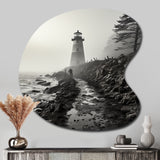 Black White Lighthouse Misty Horizon - Asymmetric Metal Wall Art