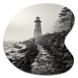 Black White Lighthouse Misty Horizon - Asymmetric Metal Wall Art