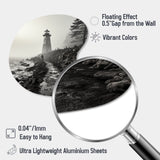 Black White Lighthouse Misty Horizon - Asymmetric Metal Wall Art