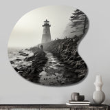 Black White Lighthouse Misty Horizon - Asymmetric Metal Wall Art