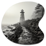 Black White Lighthouse Misty Horizon - Asymmetric Metal Wall Art