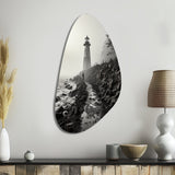 Black White Lighthouse Misty Horizon - Asymmetric Metal Wall Art