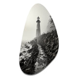 Black White Lighthouse Misty Horizon - Asymmetric Metal Wall Art