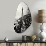 Black White Lighthouse Misty Horizon - Asymmetric Metal Wall Art