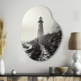 Black White Lighthouse Misty Horizon - Asymmetric Metal Wall Art