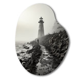 Black White Lighthouse Misty Horizon - Asymmetric Metal Wall Art