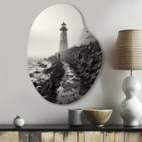 Black White Lighthouse Misty Horizon - Asymmetric Metal Wall Art