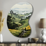 Countryside Foggy Green Hillside - Asymmetric Metal Wall Art