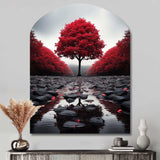 Red And Grey Forest Serenity - Asymmetric Metal Wall Art