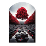 Red And Grey Forest Serenity - Asymmetric Metal Wall Art