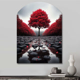 Red And Grey Forest Serenity - Asymmetric Metal Wall Art