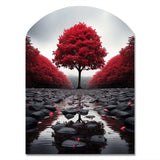 Red And Grey Forest Serenity - Asymmetric Metal Wall Art