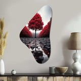 Red And Grey Forest Serenity - Asymmetric Metal Wall Art