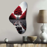 Red And Grey Forest Serenity - Asymmetric Metal Wall Art