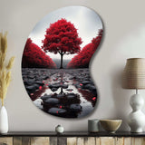 Red And Grey Forest Serenity - Asymmetric Metal Wall Art