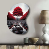 Red And Grey Forest Serenity - Asymmetric Metal Wall Art