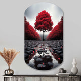 Red And Grey Forest Serenity - Asymmetric Metal Wall Art