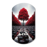 Red And Grey Forest Serenity - Asymmetric Metal Wall Art