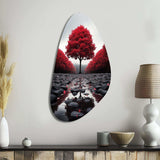 Red And Grey Forest Serenity - Asymmetric Metal Wall Art