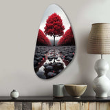 Red And Grey Forest Serenity - Asymmetric Metal Wall Art