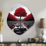 Red And Grey Forest Serenity - Asymmetric Metal Wall Art