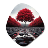 Red And Grey Forest Serenity - Asymmetric Metal Wall Art