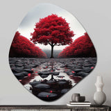 Red And Grey Forest Serenity - Asymmetric Metal Wall Art