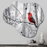 Monochrome Red Grey Bird In Forest II - Asymmetric Metal Wall Art