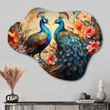 Blue Coral Indian Art Dancing Peacocks I - Asymmetric Metal Wall Art