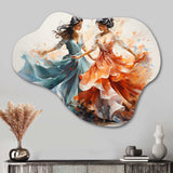 Peach Blue Indian Art Kathak Dancers - Asymmetric Metal Wall Art