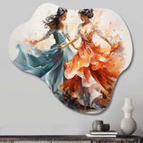 Peach Blue Indian Art Kathak Dancers - Asymmetric Metal Wall Art