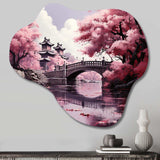 Japon Art Cherry Blossom Pink Bridge - Asymmetric Metal Wall Art