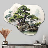 Japon Art Meditative Green Bonsai II - Asymmetric Metal Wall Art