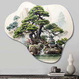 Japon Art Meditative Green Bonsai II - Asymmetric Metal Wall Art