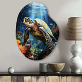 Green Blue Marine Animals Turtle Encounter VII - Asymmetric Metal Wall Art