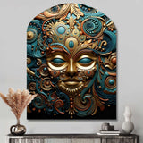 Gold Teal Mexico Vibrant Aztec Mask II - Asymmetric Metal Wall Art