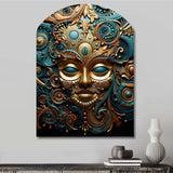 Gold Teal Mexico Vibrant Aztec Mask II - Asymmetric Metal Wall Art