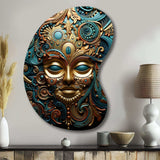 Gold Teal Mexico Vibrant Aztec Mask II - Asymmetric Metal Wall Art