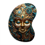 Gold Teal Mexico Vibrant Aztec Mask II - Asymmetric Metal Wall Art