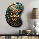 Gold Teal Mexico Vibrant Aztec Mask II - Asymmetric Metal Wall Art