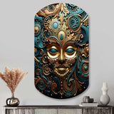 Gold Teal Mexico Vibrant Aztec Mask II - Asymmetric Metal Wall Art