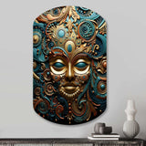 Gold Teal Mexico Vibrant Aztec Mask II - Asymmetric Metal Wall Art