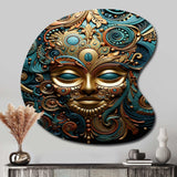 Gold Teal Mexico Vibrant Aztec Mask II - Asymmetric Metal Wall Art