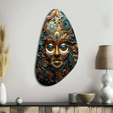 Gold Teal Mexico Vibrant Aztec Mask II - Asymmetric Metal Wall Art